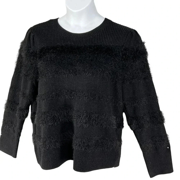 Calvin Klein Womens L Black Fuzzy Textured Knit Sweater Soft Faux Fur Crew Neck - Picture 9 of 16